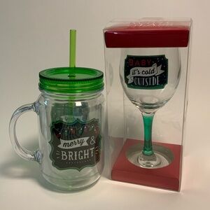 Flair! Holiday Drinkware (set of 2) Wine Glass and Mason Jar style mug